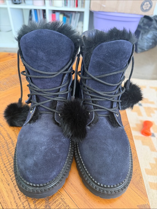 Jimmy Choo Shoes - Jimmy Choo Women’s Navy Suede Lace-Up Winter Boots with Fur Lining and Pom Poms
